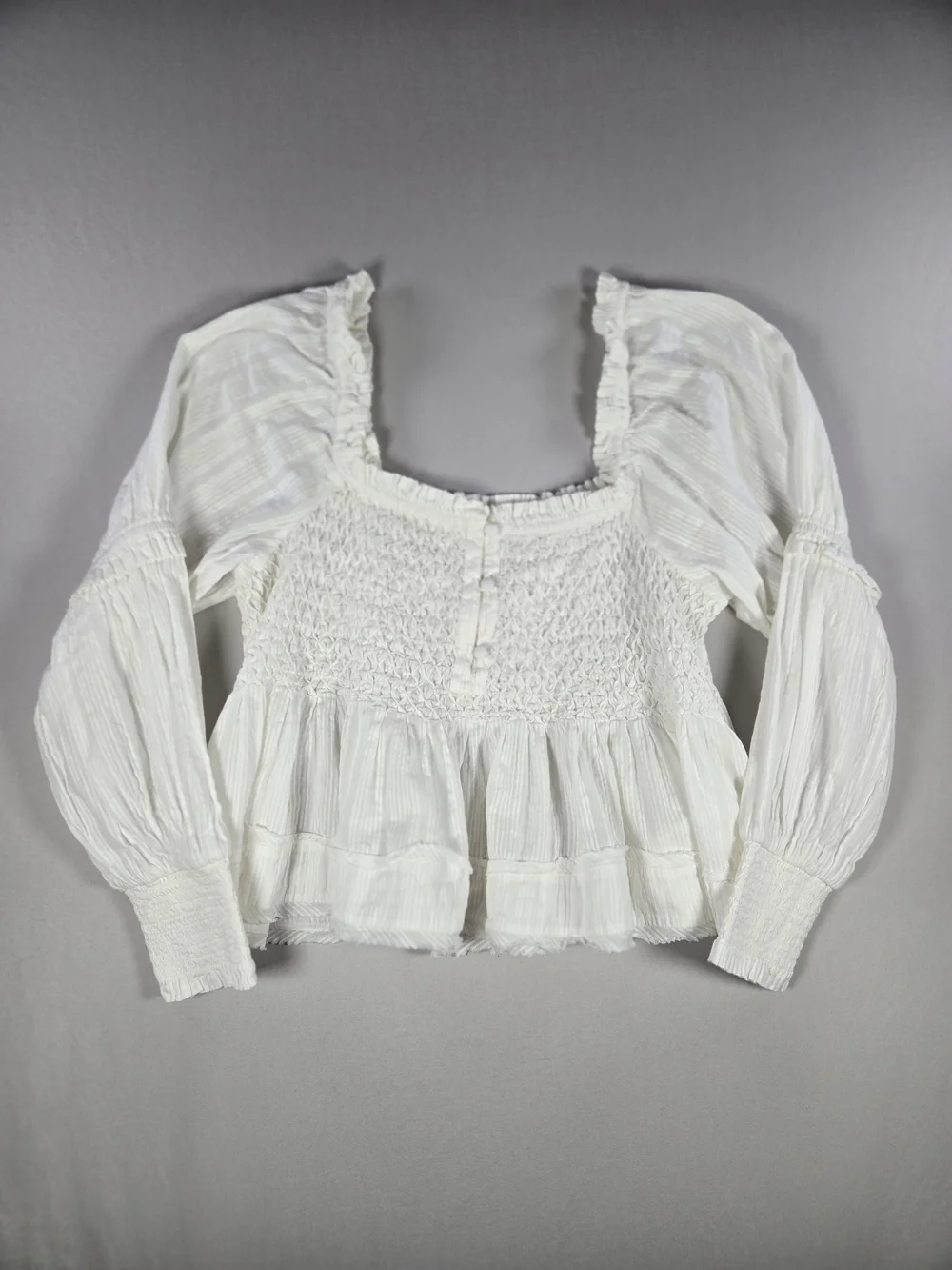 Anthropologie White Smocked Puff Sleeve Babydoll Blouse Peplum Top Gauze XL